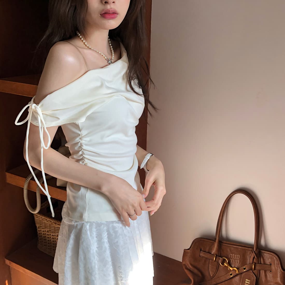 있음 선적 사이즈 업데이트 한국 chic 여름 새로운 순수한 욕망 바람 오프숄더 보트넥 허리 수축 슬림해 보이는 맨위 상세 이미지 25