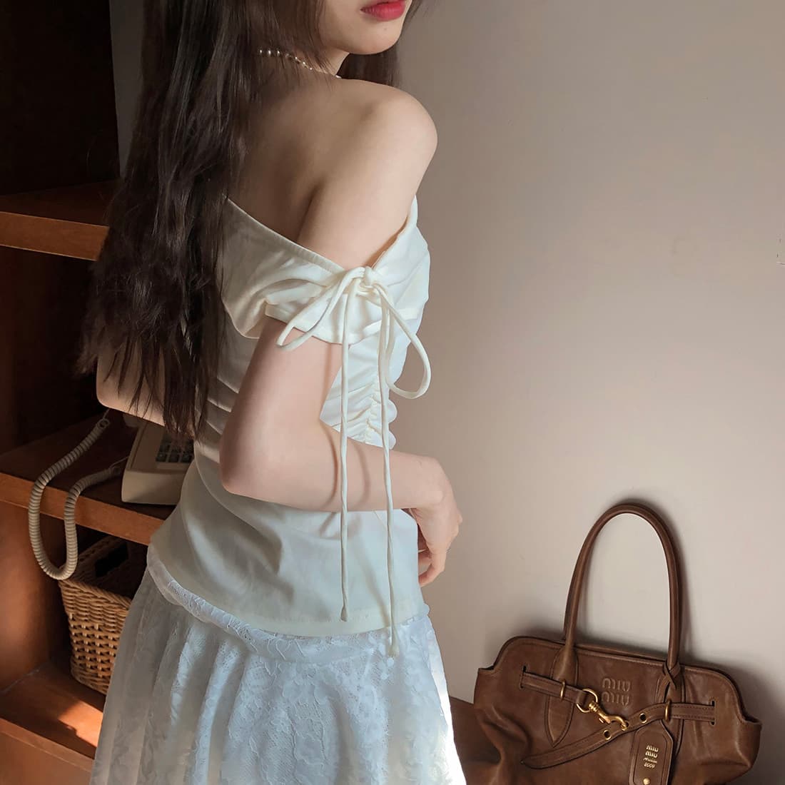있음 선적 사이즈 업데이트 한국 chic 여름 새로운 순수한 욕망 바람 오프숄더 보트넥 허리 수축 슬림해 보이는 맨위 상세 이미지 26