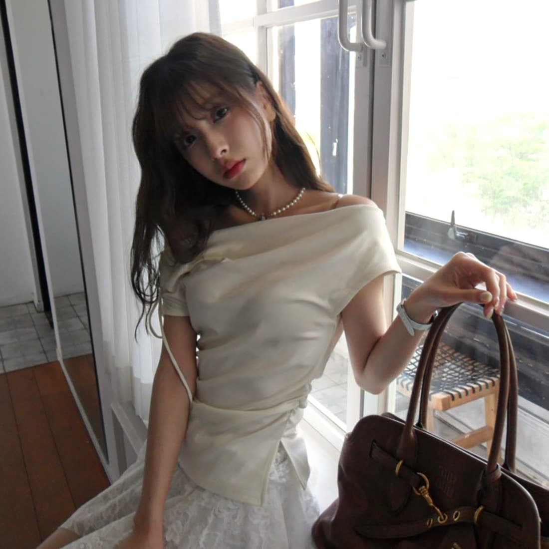있음 선적 사이즈 업데이트 한국 chic 여름 새로운 순수한 욕망 바람 오프숄더 보트넥 허리 수축 슬림해 보이는 맨위 상세 이미지 27