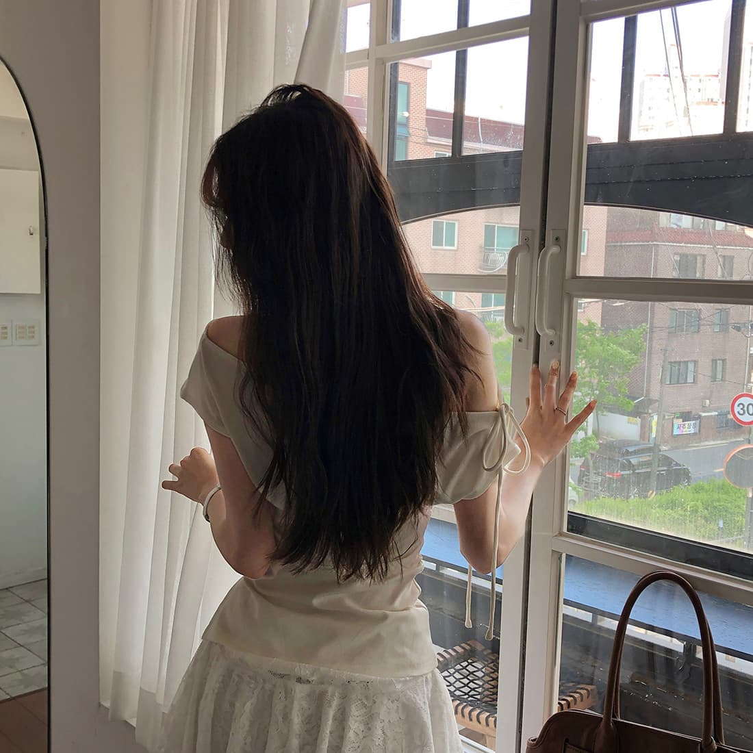 있음 선적 사이즈 업데이트 한국 chic 여름 새로운 순수한 욕망 바람 오프숄더 보트넥 허리 수축 슬림해 보이는 맨위 상세 이미지 28