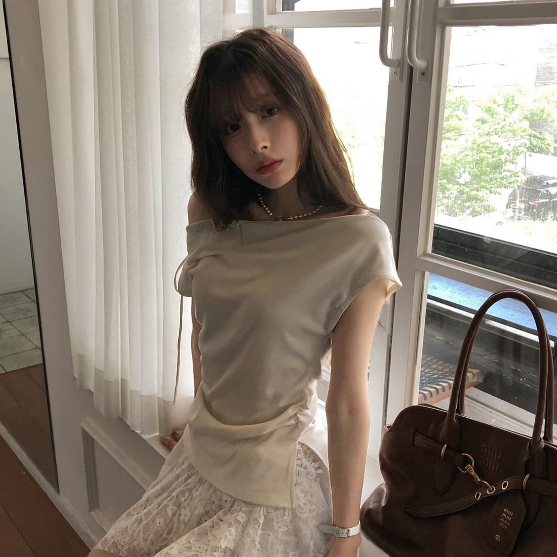 있음 선적 사이즈 업데이트 한국 chic 여름 새로운 순수한 욕망 바람 오프숄더 보트넥 허리 수축 슬림해 보이는 맨위 상세 이미지 29