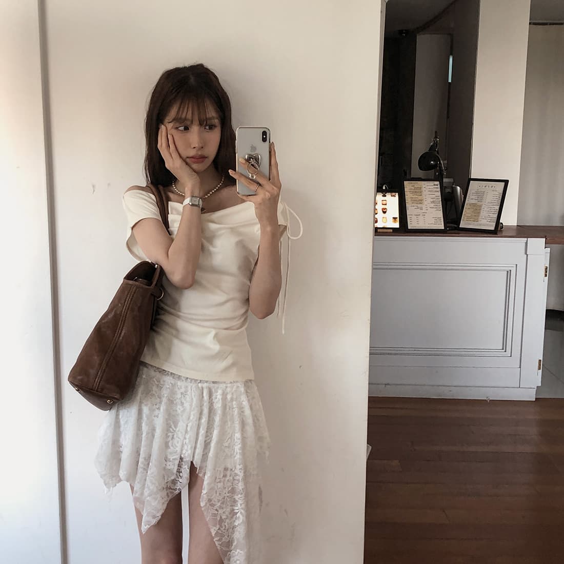 있음 선적 사이즈 업데이트 한국 chic 여름 새로운 순수한 욕망 바람 오프숄더 보트넥 허리 수축 슬림해 보이는 맨위 상세 이미지 33