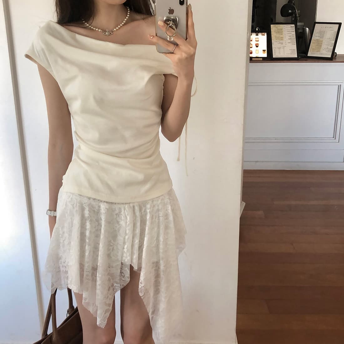 있음 선적 사이즈 업데이트 한국 chic 여름 새로운 순수한 욕망 바람 오프숄더 보트넥 허리 수축 슬림해 보이는 맨위 상세 이미지 37