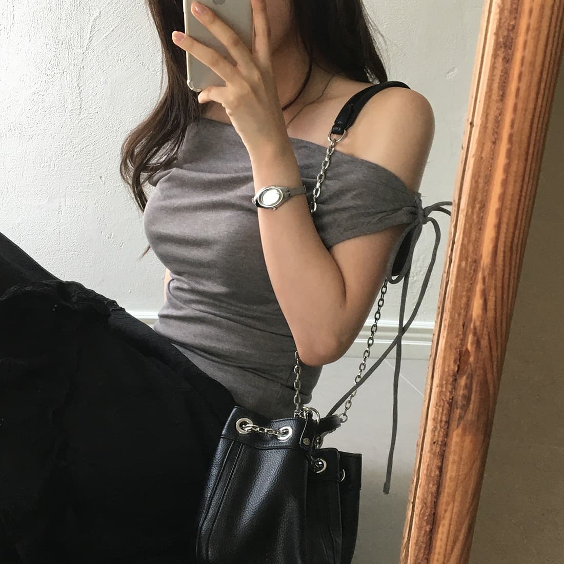 있음 선적 사이즈 업데이트 한국 chic 여름 새로운 순수한 욕망 바람 오프숄더 보트넥 허리 수축 슬림해 보이는 맨위 상세 이미지 42
