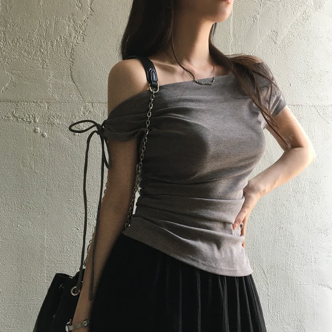 있음 선적 사이즈 업데이트 한국 chic 여름 새로운 순수한 욕망 바람 오프숄더 보트넥 허리 수축 슬림해 보이는 맨위 상세 이미지 47