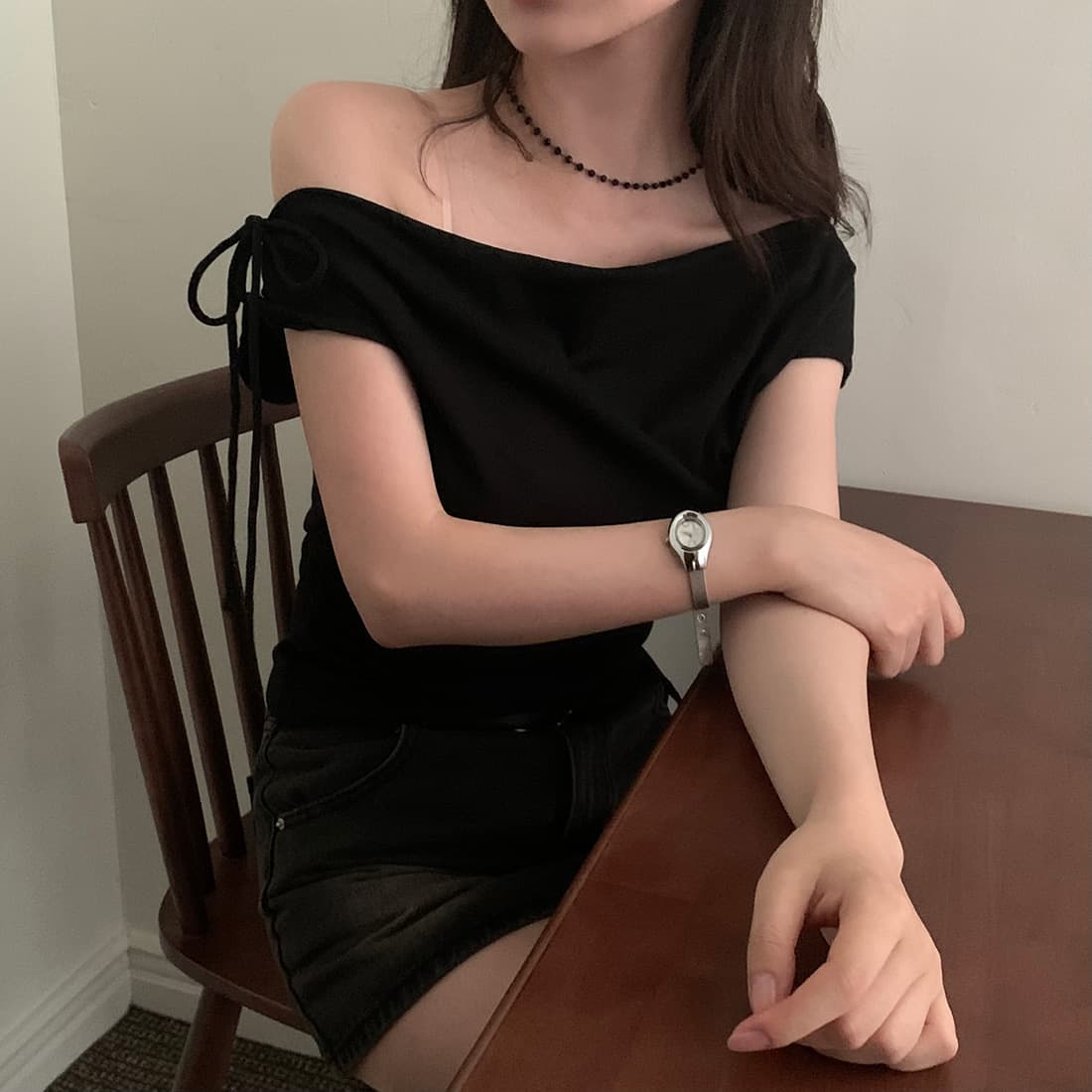 있음 선적 사이즈 업데이트 한국 chic 여름 새로운 순수한 욕망 바람 오프숄더 보트넥 허리 수축 슬림해 보이는 맨위 상세 이미지 60