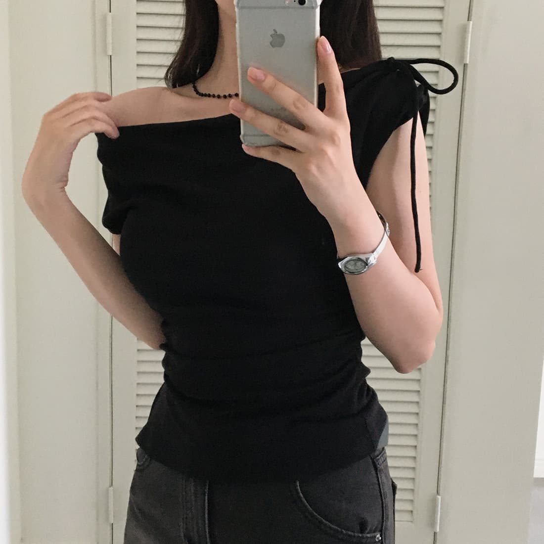 있음 선적 사이즈 업데이트 한국 chic 여름 새로운 순수한 욕망 바람 오프숄더 보트넥 허리 수축 슬림해 보이는 맨위 상세 이미지 64