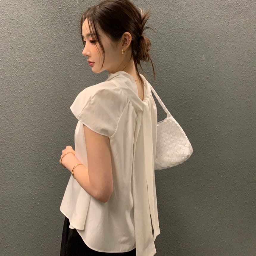 있음 선적 사이즈 업데이트 한국 chic 여름 새로운 프랑스식 디자인 센스 뒤로 스트랩 품격 셔츠 이미지 5