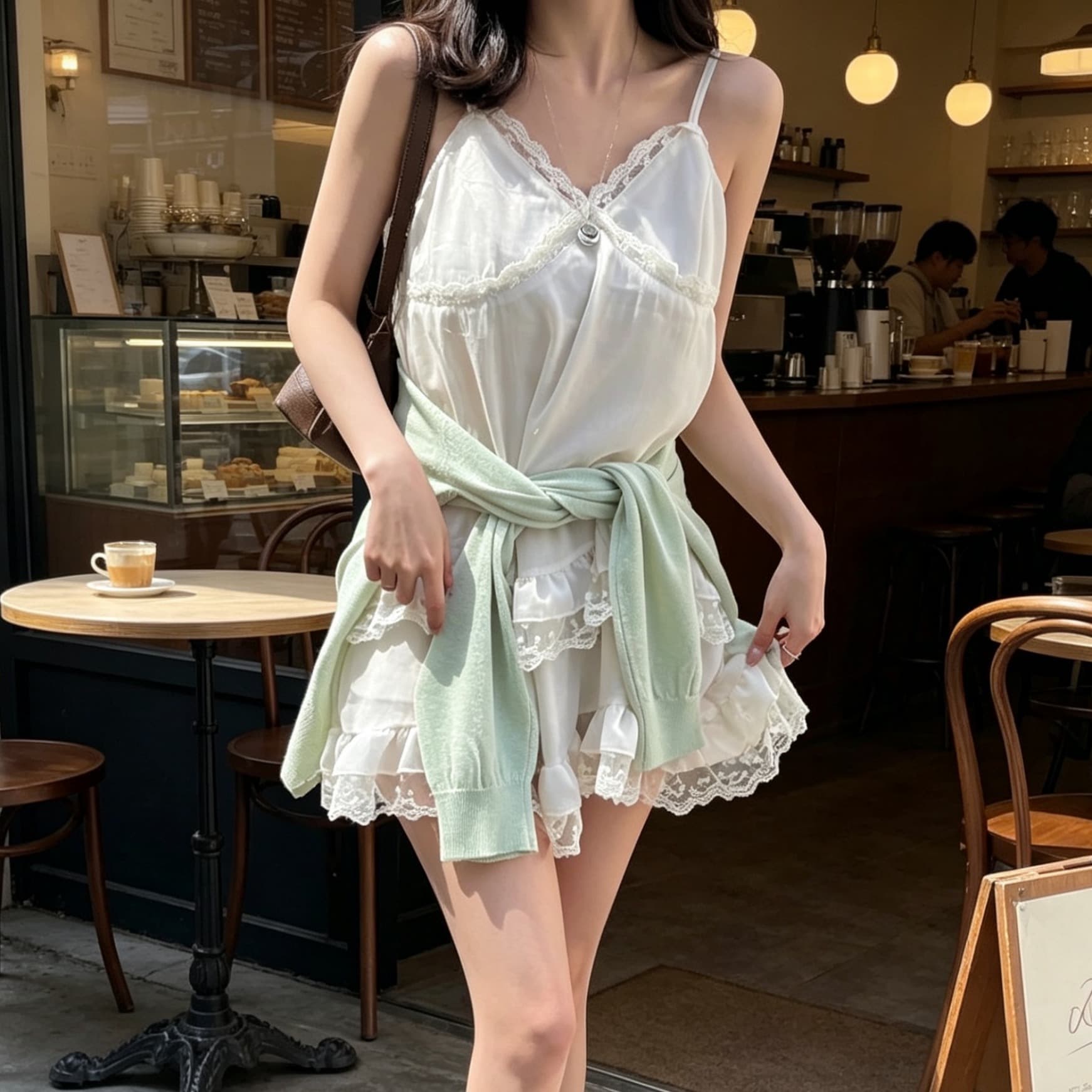 있음 선적 사이즈 업데이트 한국 chic 여름 새로운 V넥 레이스 조각 슬립 섹시함 짧은 드레스 이미지 5