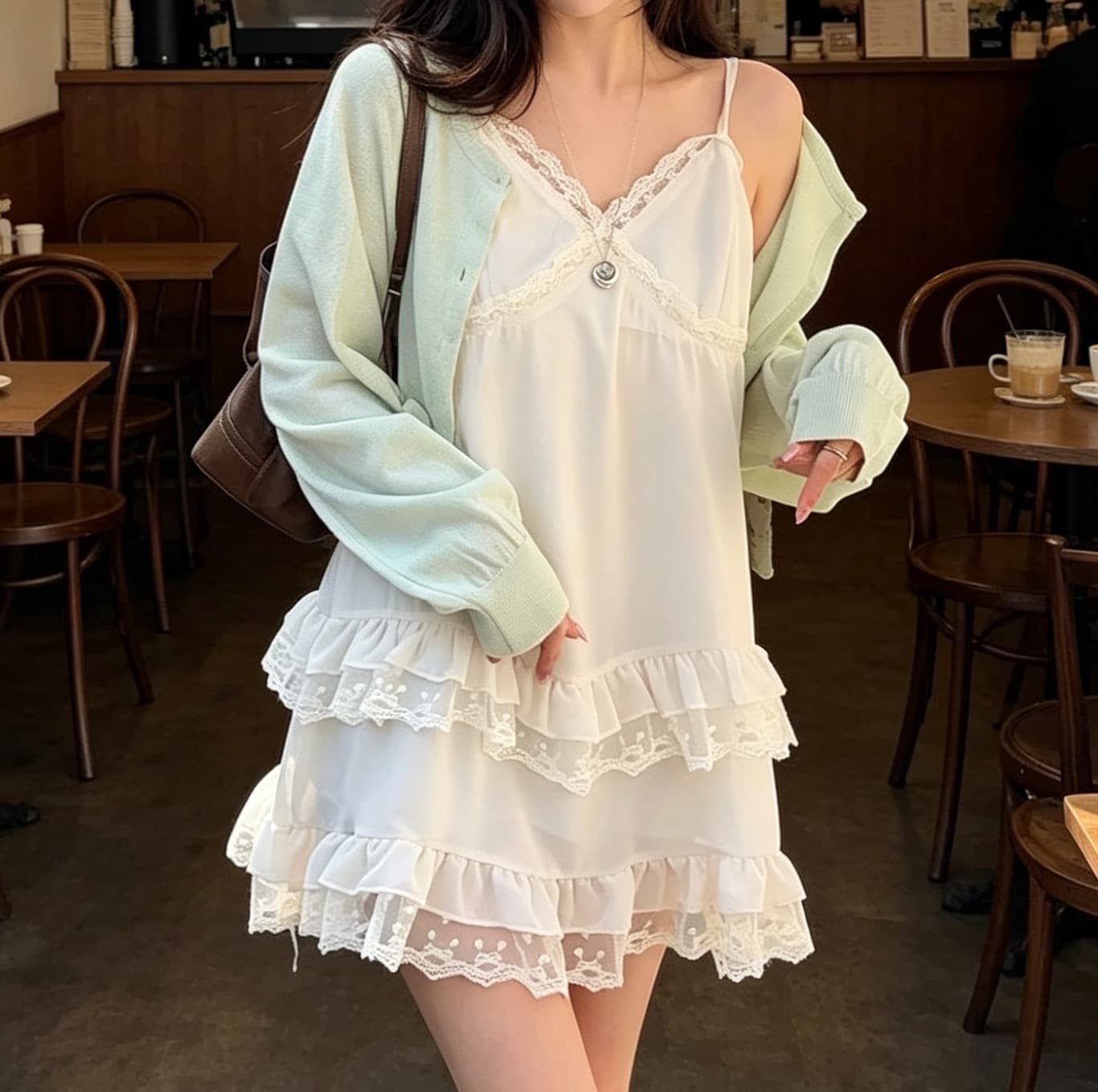 있음 선적 사이즈 업데이트 한국 chic 여름 새로운 V넥 레이스 조각 슬립 섹시함 짧은 드레스 상세 이미지 9