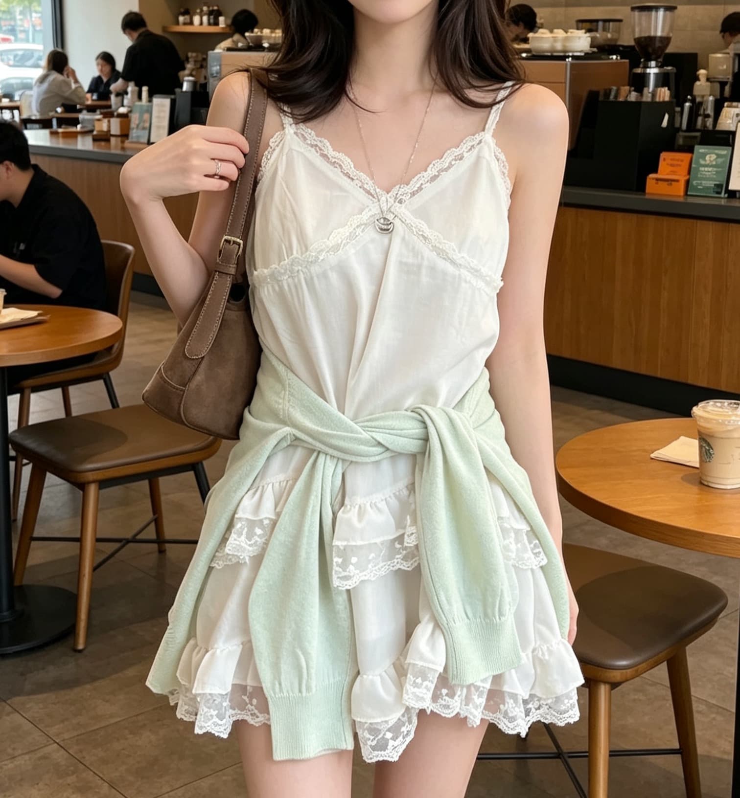 있음 선적 사이즈 업데이트 한국 chic 여름 새로운 V넥 레이스 조각 슬립 섹시함 짧은 드레스 상세 이미지 10