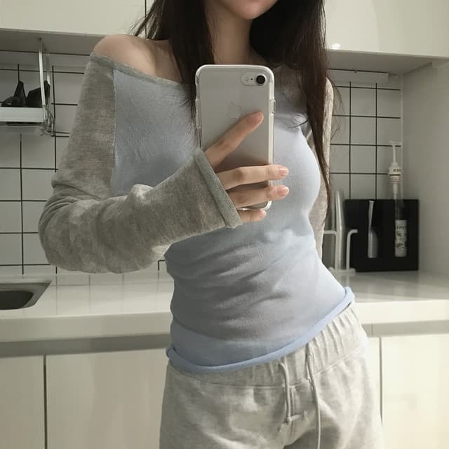 있음 선적 사이즈 업데이트 한국 chic 여름 새로운 얇은 스타일 통기성 패치워크 색상 품격 슬림해 보이는 니트 스웨터 상세 이미지 4