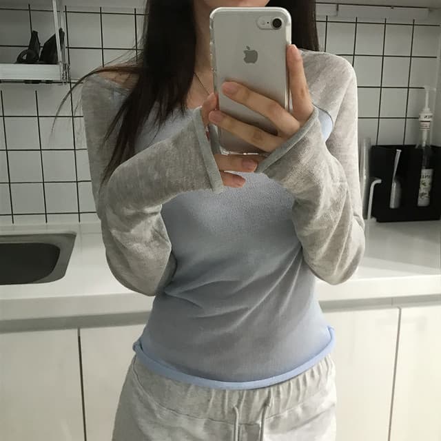 있음 선적 사이즈 업데이트 한국 chic 여름 새로운 얇은 스타일 통기성 패치워크 색상 품격 슬림해 보이는 니트 스웨터 상세 이미지 13
