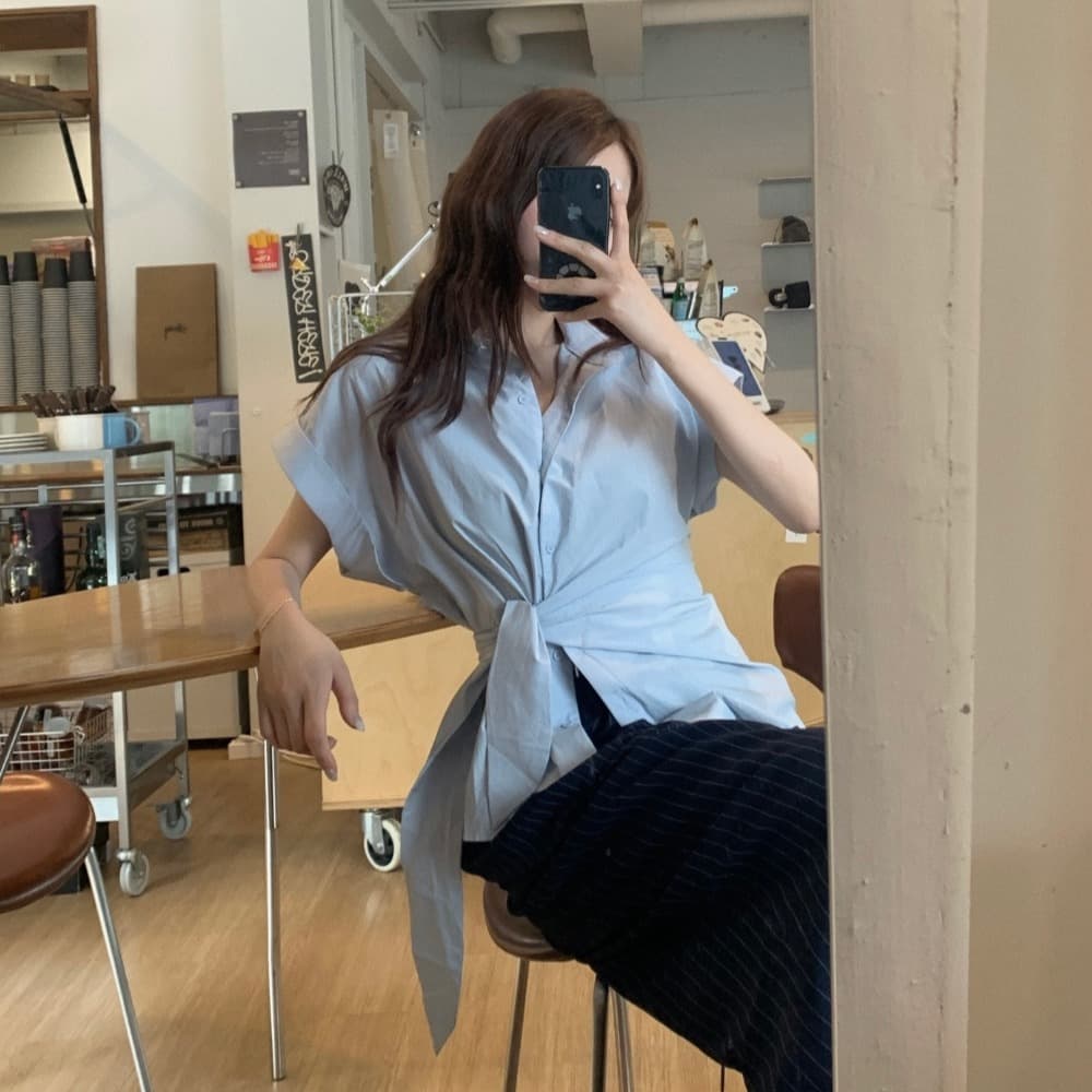 한국 chic 여름 새로운 ins 디자인 센스 경 사진 레이스업 슬림해 보이는 다용도 반팔 셔츠 이미지 5