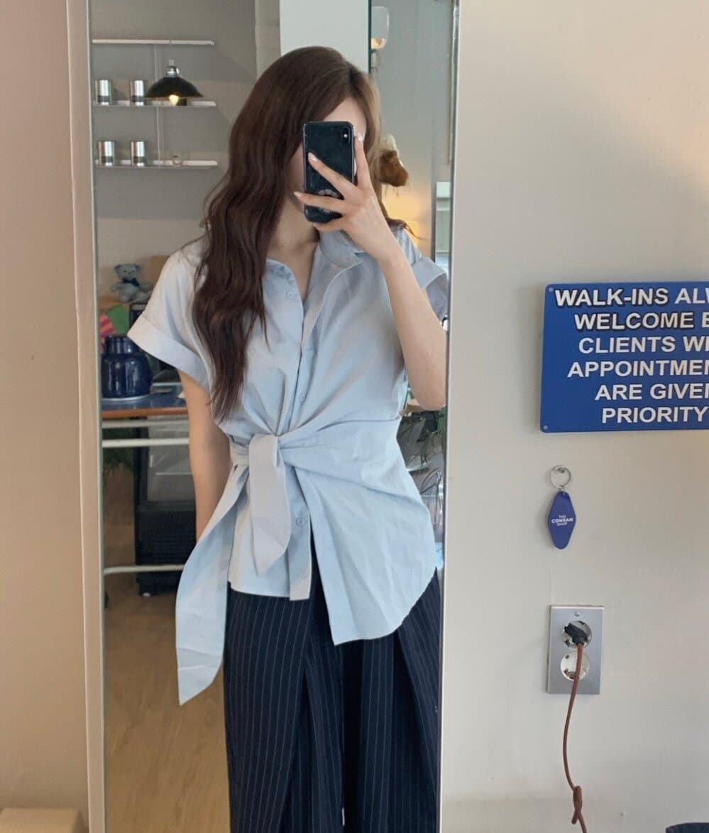 한국 chic 여름 새로운 ins 디자인 센스 경 사진 레이스업 슬림해 보이는 다용도 반팔 셔츠 이미지 2