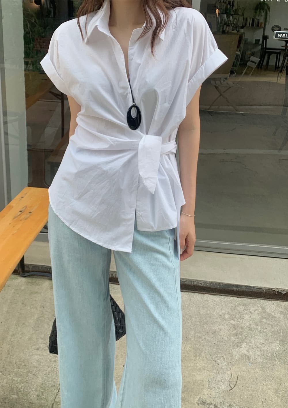 한국 chic 여름 새로운 ins 디자인 센스 경 사진 레이스업 슬림해 보이는 다용도 반팔 셔츠 상세 이미지 3