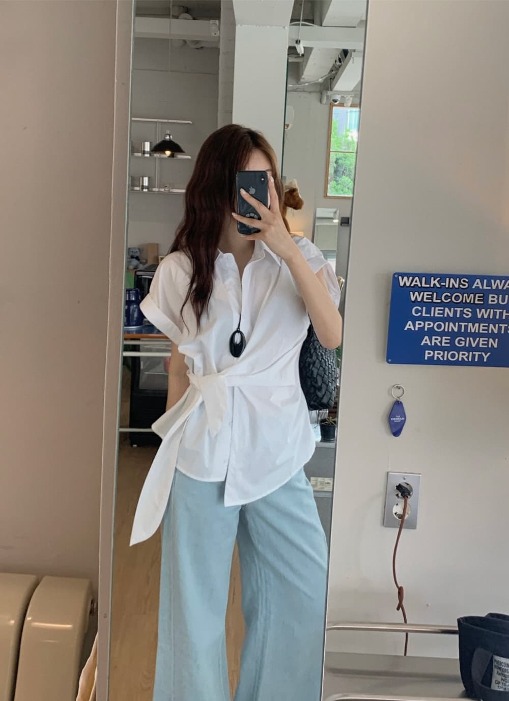 한국 chic 여름 새로운 ins 디자인 센스 경 사진 레이스업 슬림해 보이는 다용도 반팔 셔츠 상세 이미지 4