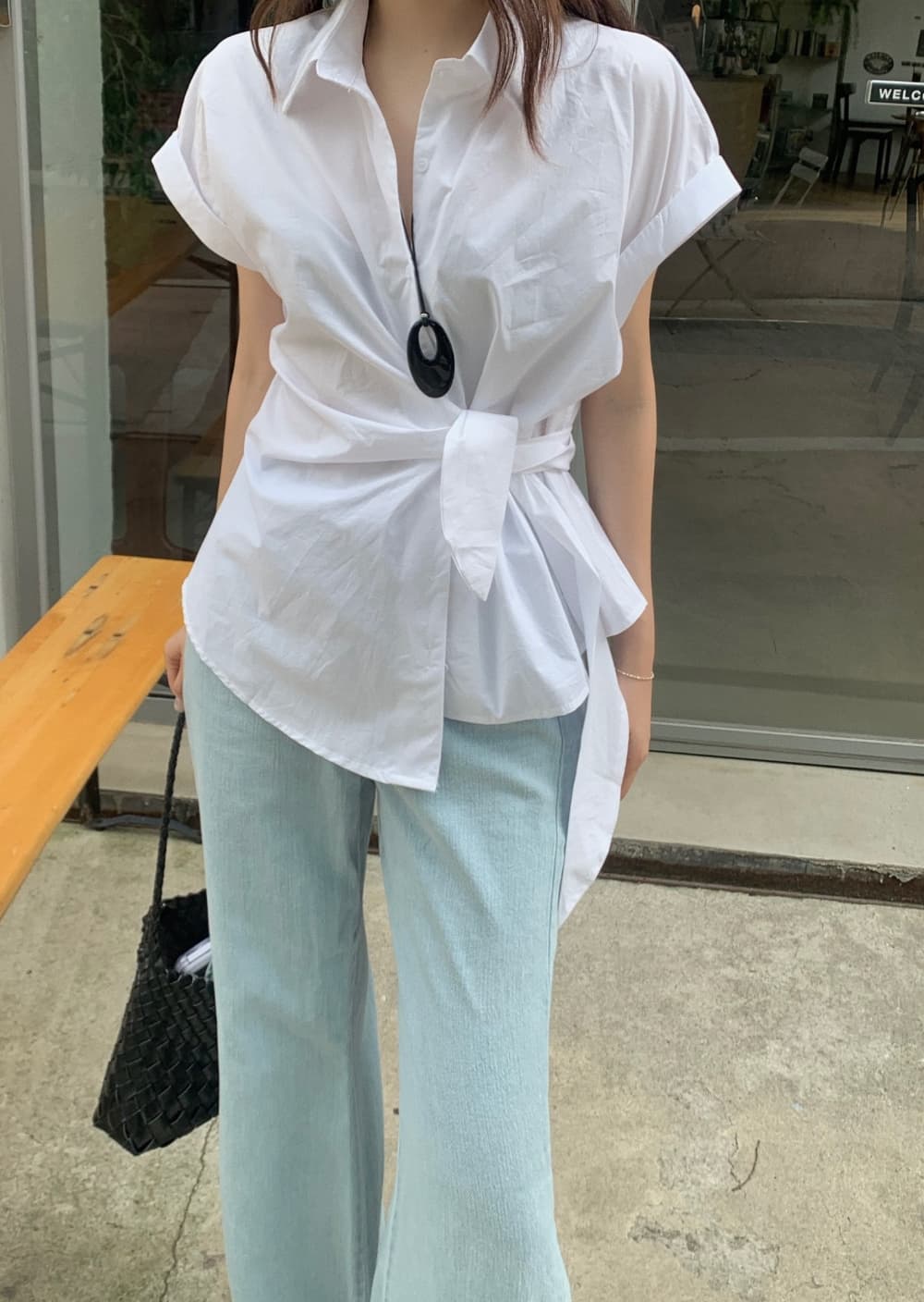 한국 chic 여름 새로운 ins 디자인 센스 경 사진 레이스업 슬림해 보이는 다용도 반팔 셔츠 상세 이미지 6