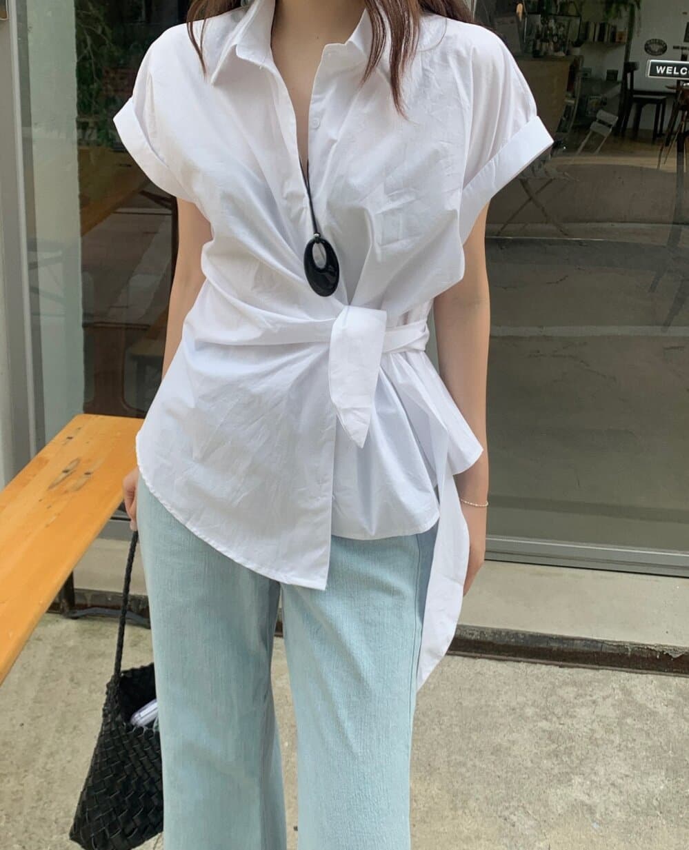 한국 chic 여름 새로운 ins 디자인 센스 경 사진 레이스업 슬림해 보이는 다용도 반팔 셔츠 상세 이미지 7