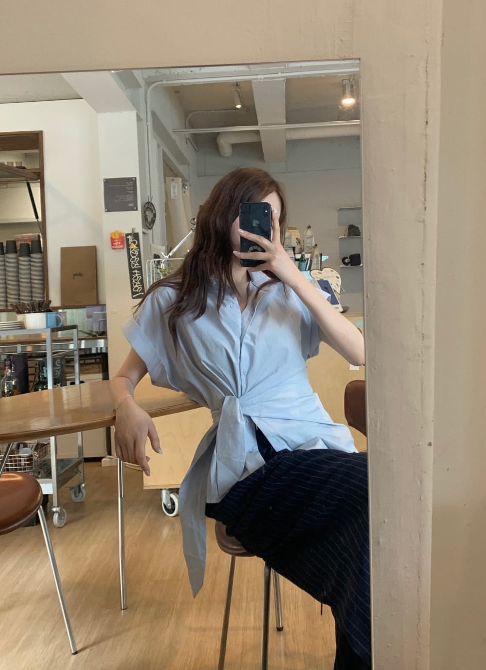 한국 chic 여름 새로운 ins 디자인 센스 경 사진 레이스업 슬림해 보이는 다용도 반팔 셔츠 상세 이미지 8