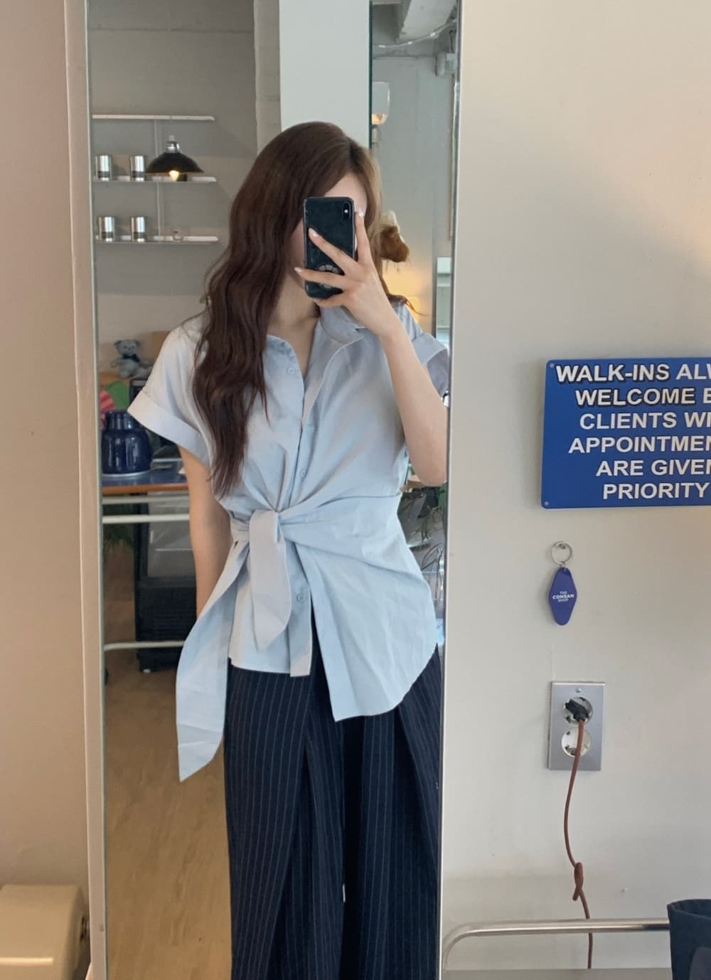한국 chic 여름 새로운 ins 디자인 센스 경 사진 레이스업 슬림해 보이는 다용도 반팔 셔츠 상세 이미지 10