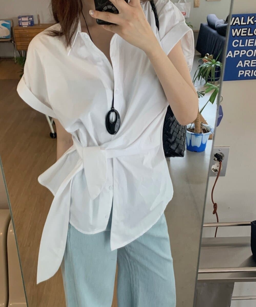 한국 chic 여름 새로운 ins 디자인 센스 경 사진 레이스업 슬림해 보이는 다용도 반팔 셔츠 이미지 3