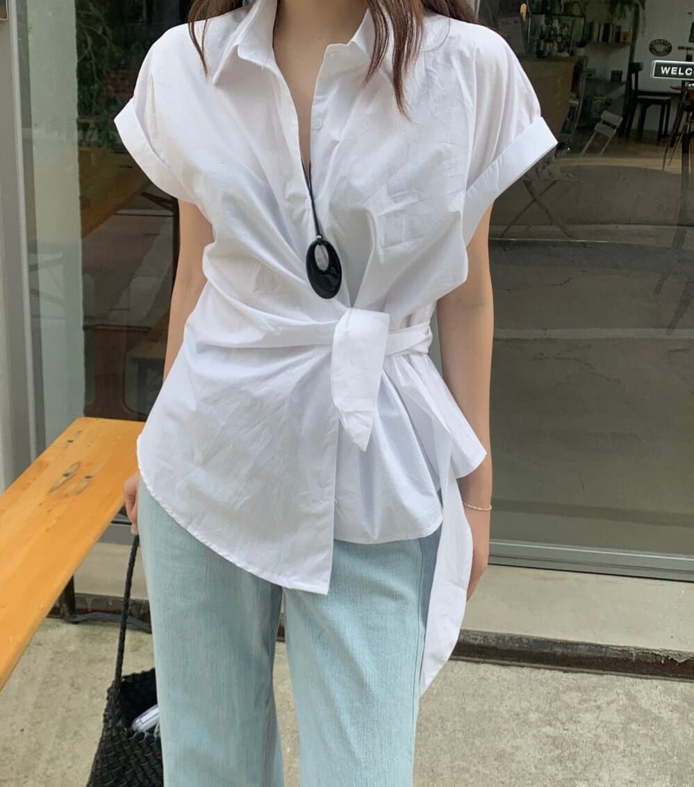 한국 chic 여름 새로운 ins 디자인 센스 경 사진 레이스업 슬림해 보이는 다용도 반팔 셔츠