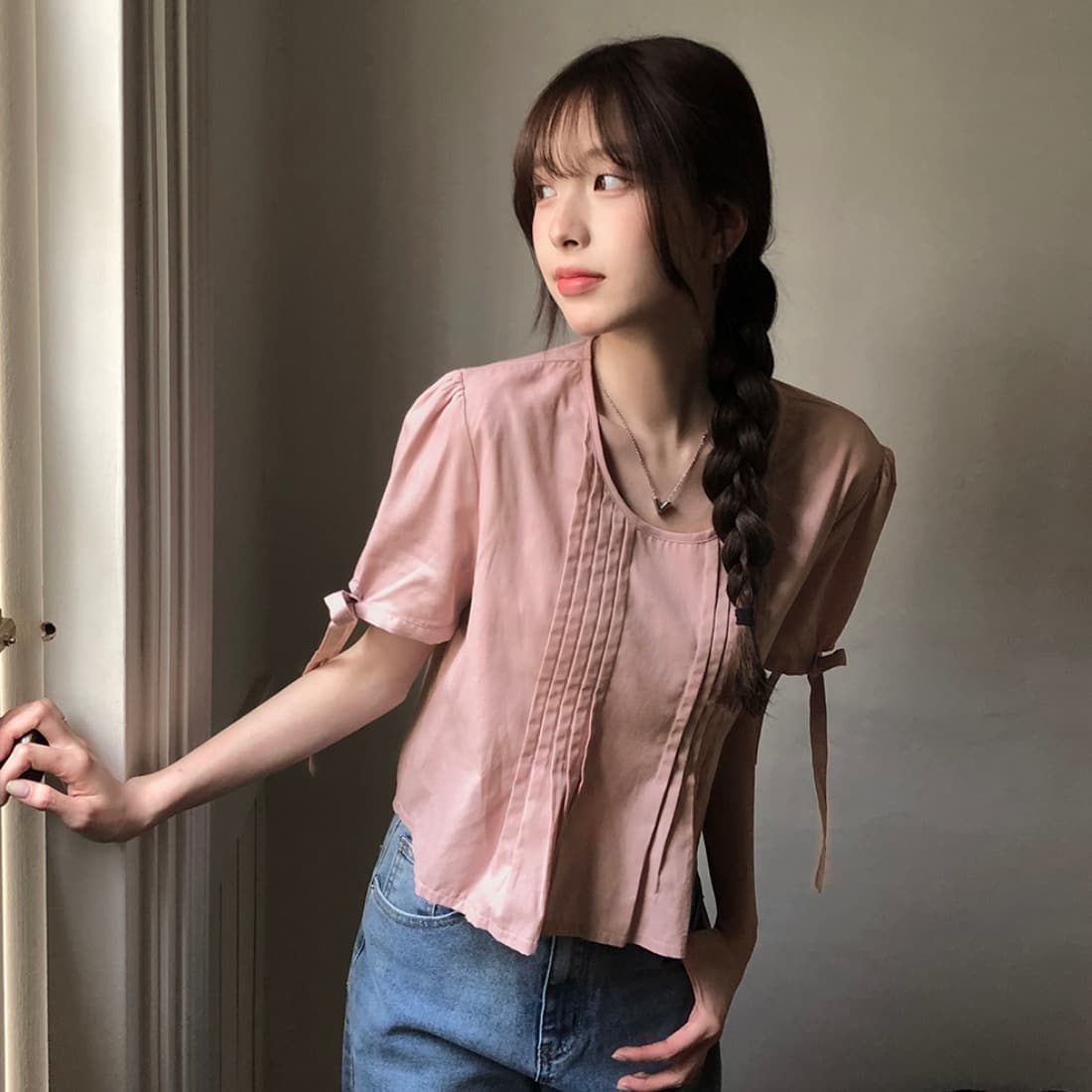 있음 선적 사이즈 업데이트 한국 chic 여름 새로운 프랑스식 커프스 레이스업 품격 주름 미니멀리즘 반팔 셔츠 이미지 3