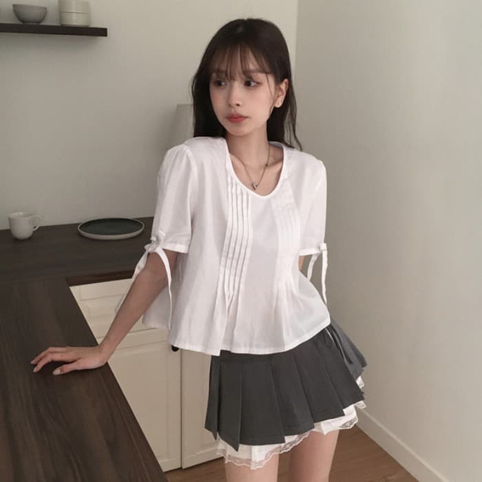 있음 선적 사이즈 업데이트 한국 chic 여름 새로운 프랑스식 커프스 레이스업 품격 주름 미니멀리즘 반팔 셔츠 이미지 2