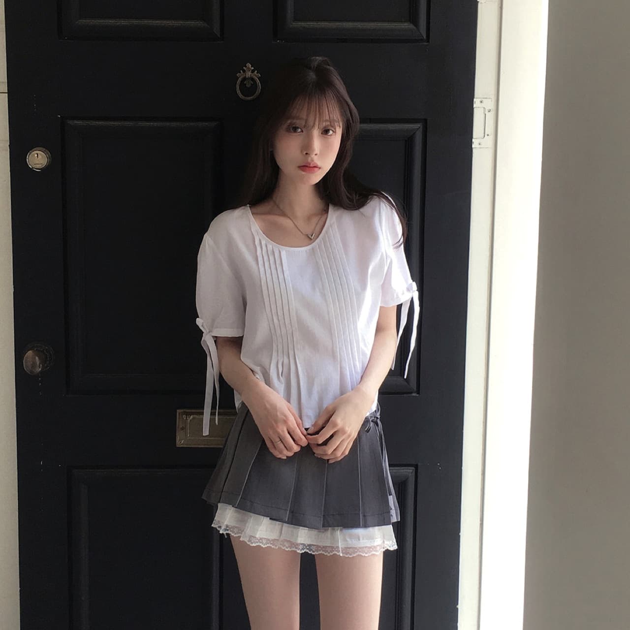 있음 선적 사이즈 업데이트 한국 chic 여름 새로운 프랑스식 커프스 레이스업 품격 주름 미니멀리즘 반팔 셔츠 상세 이미지 1