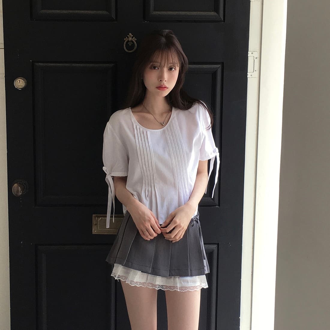 있음 선적 사이즈 업데이트 한국 chic 여름 새로운 프랑스식 커프스 레이스업 품격 주름 미니멀리즘 반팔 셔츠 상세 이미지 5