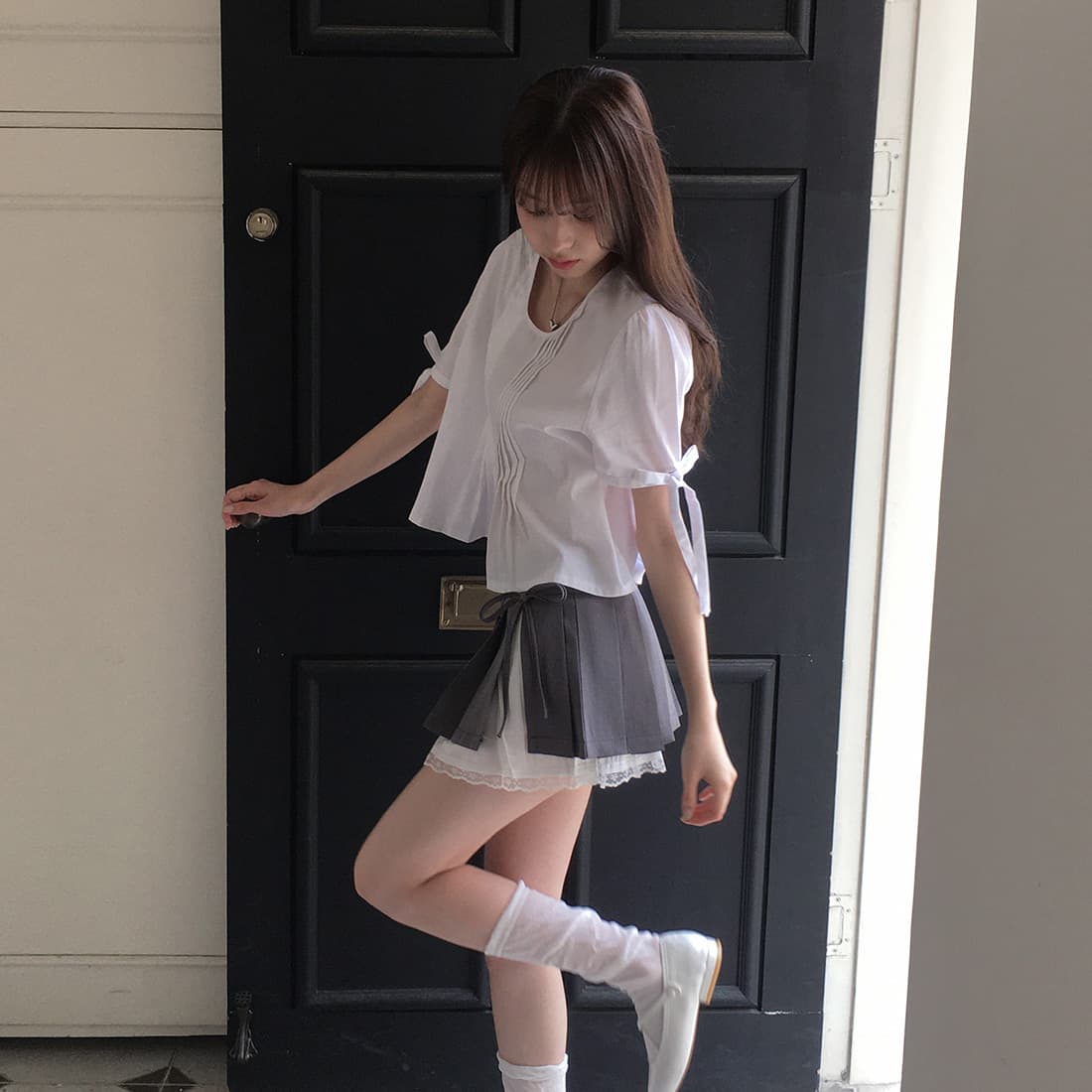 있음 선적 사이즈 업데이트 한국 chic 여름 새로운 프랑스식 커프스 레이스업 품격 주름 미니멀리즘 반팔 셔츠 상세 이미지 6