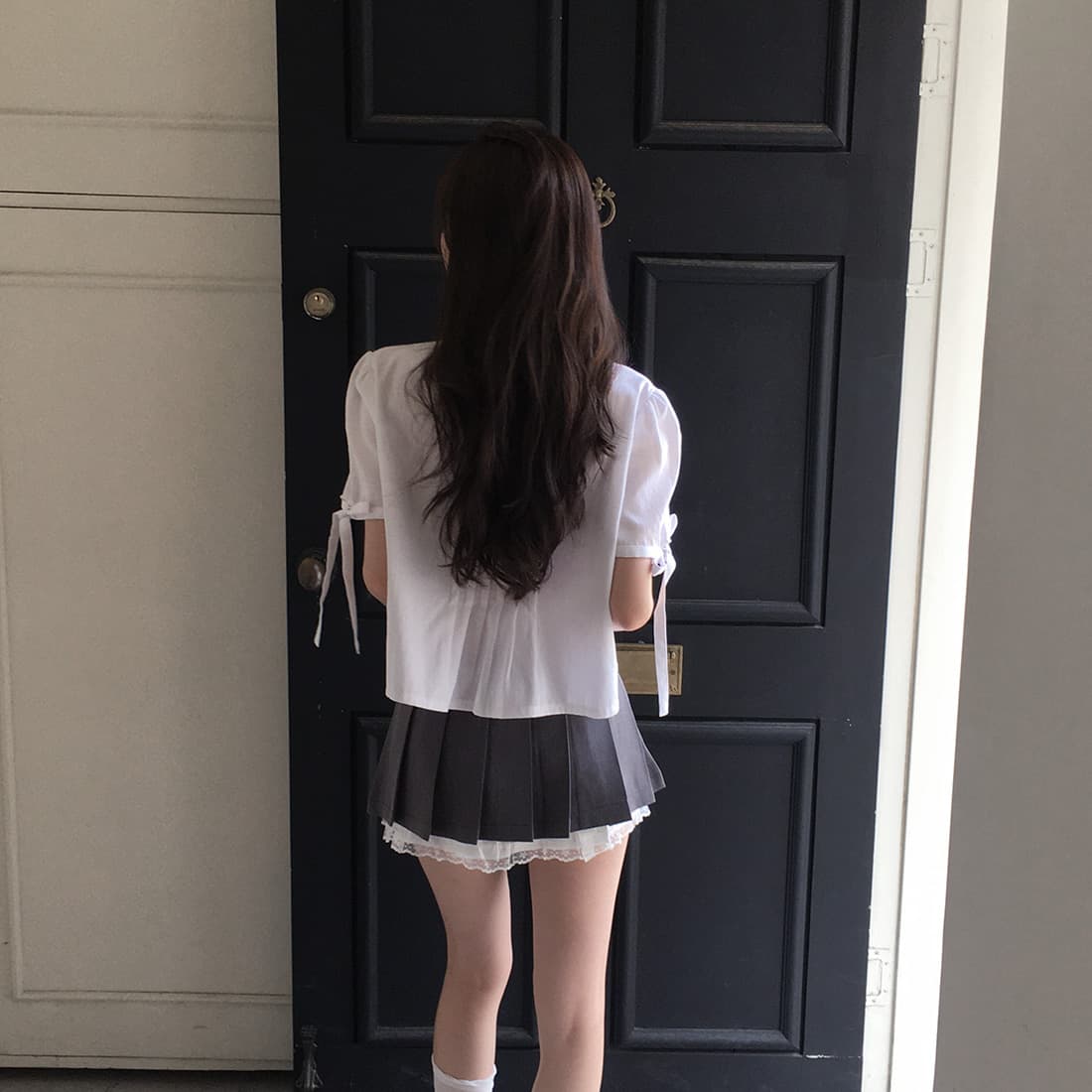 있음 선적 사이즈 업데이트 한국 chic 여름 새로운 프랑스식 커프스 레이스업 품격 주름 미니멀리즘 반팔 셔츠 상세 이미지 7