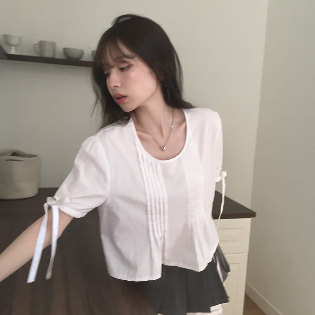 있음 선적 사이즈 업데이트 한국 chic 여름 새로운 프랑스식 커프스 레이스업 품격 주름 미니멀리즘 반팔 셔츠 상세 이미지 8