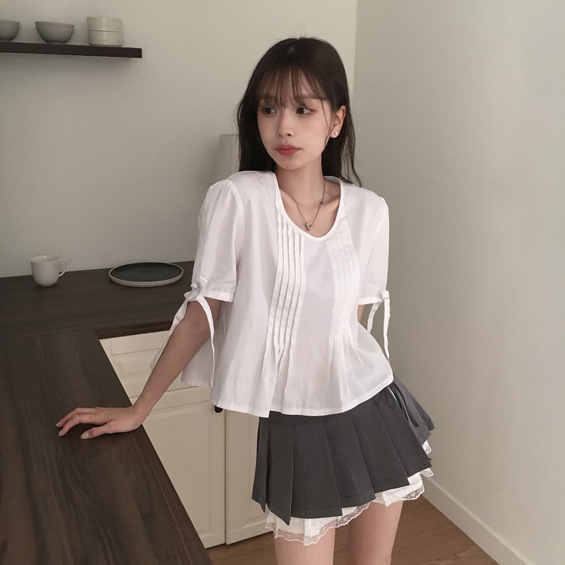 있음 선적 사이즈 업데이트 한국 chic 여름 새로운 프랑스식 커프스 레이스업 품격 주름 미니멀리즘 반팔 셔츠 상세 이미지 10