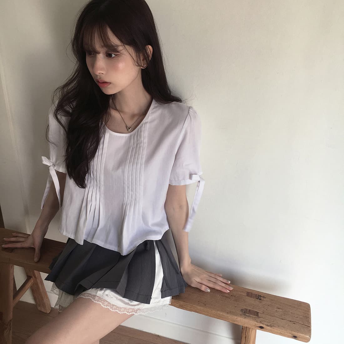 있음 선적 사이즈 업데이트 한국 chic 여름 새로운 프랑스식 커프스 레이스업 품격 주름 미니멀리즘 반팔 셔츠 상세 이미지 11