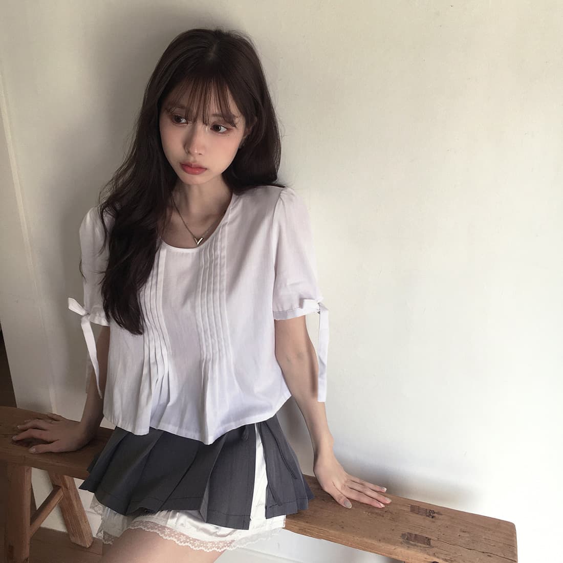 있음 선적 사이즈 업데이트 한국 chic 여름 새로운 프랑스식 커프스 레이스업 품격 주름 미니멀리즘 반팔 셔츠 상세 이미지 12
