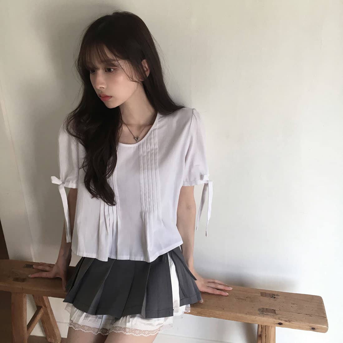 있음 선적 사이즈 업데이트 한국 chic 여름 새로운 프랑스식 커프스 레이스업 품격 주름 미니멀리즘 반팔 셔츠 상세 이미지 13