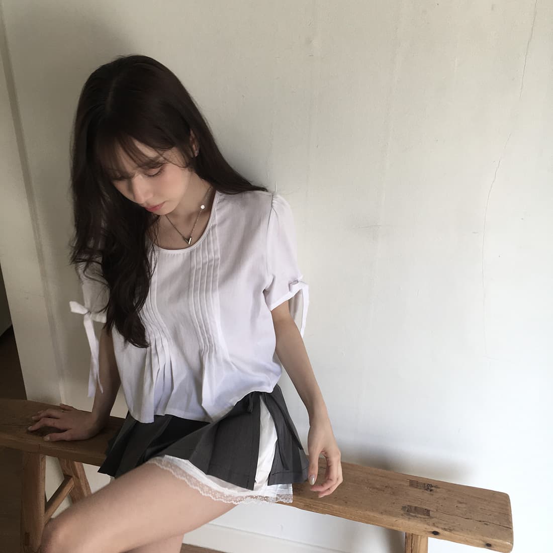 있음 선적 사이즈 업데이트 한국 chic 여름 새로운 프랑스식 커프스 레이스업 품격 주름 미니멀리즘 반팔 셔츠 상세 이미지 14