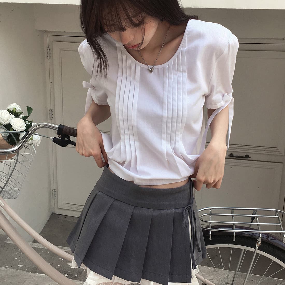 있음 선적 사이즈 업데이트 한국 chic 여름 새로운 프랑스식 커프스 레이스업 품격 주름 미니멀리즘 반팔 셔츠 상세 이미지 18