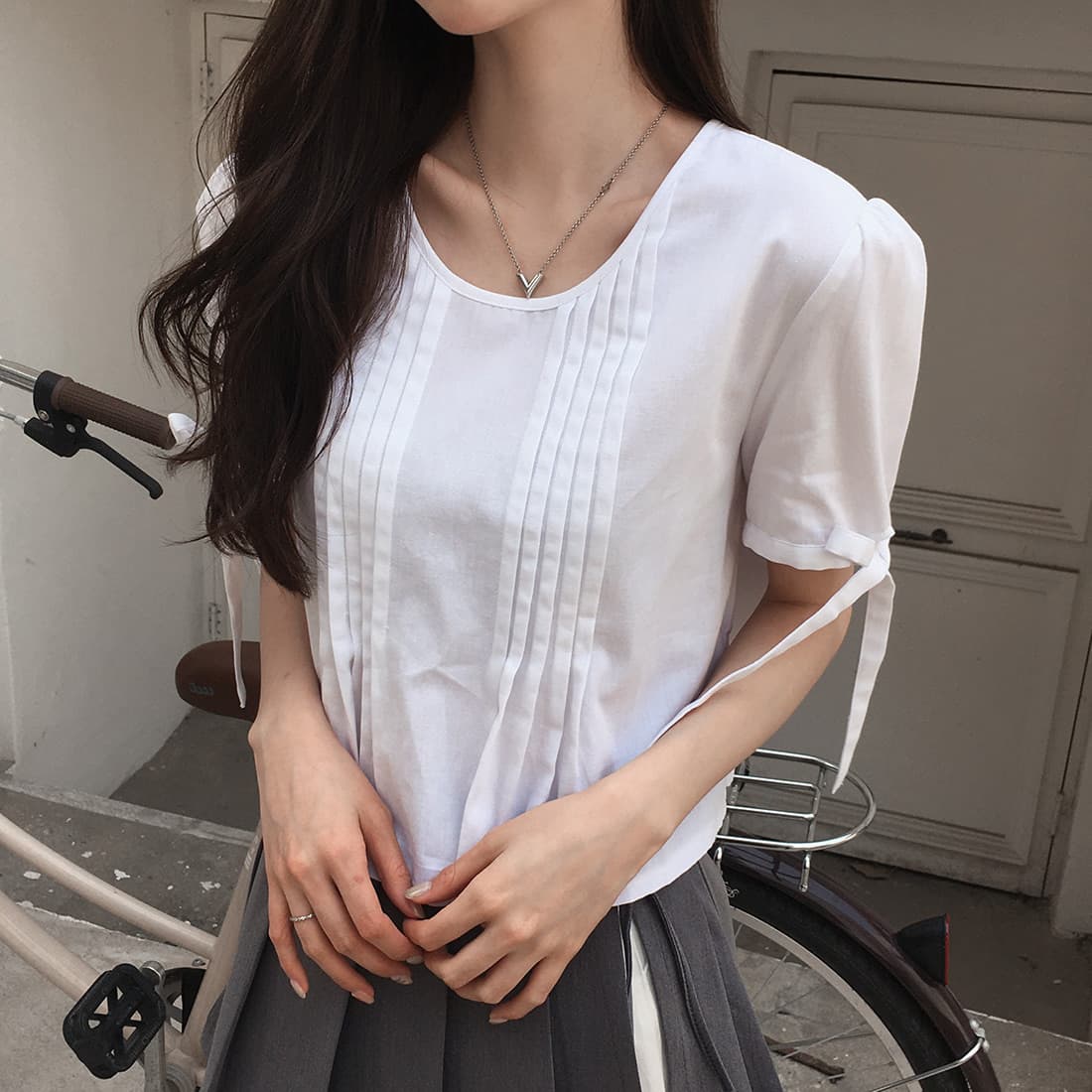 있음 선적 사이즈 업데이트 한국 chic 여름 새로운 프랑스식 커프스 레이스업 품격 주름 미니멀리즘 반팔 셔츠 상세 이미지 19