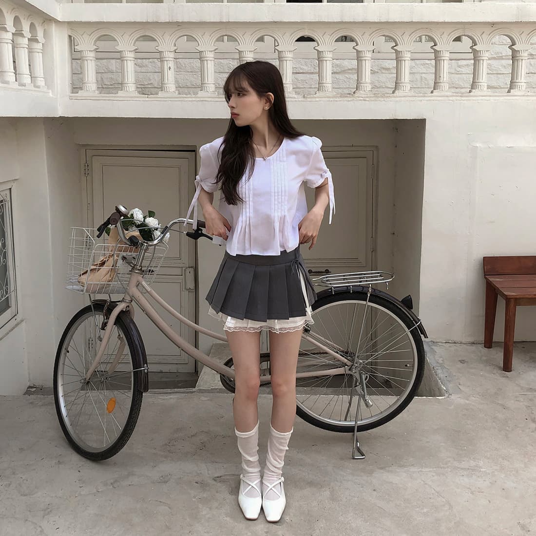 있음 선적 사이즈 업데이트 한국 chic 여름 새로운 프랑스식 커프스 레이스업 품격 주름 미니멀리즘 반팔 셔츠 상세 이미지 21