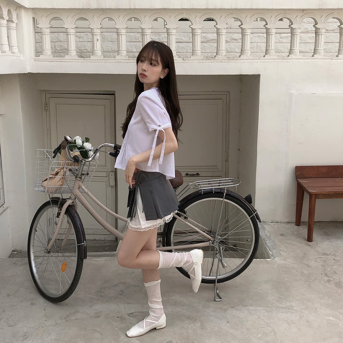있음 선적 사이즈 업데이트 한국 chic 여름 새로운 프랑스식 커프스 레이스업 품격 주름 미니멀리즘 반팔 셔츠 상세 이미지 22