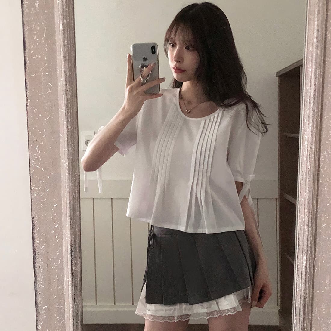 있음 선적 사이즈 업데이트 한국 chic 여름 새로운 프랑스식 커프스 레이스업 품격 주름 미니멀리즘 반팔 셔츠 상세 이미지 24