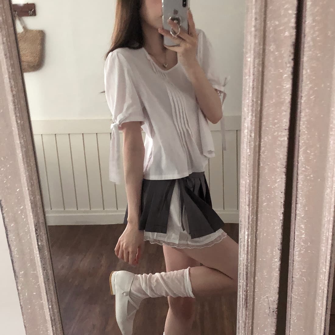 있음 선적 사이즈 업데이트 한국 chic 여름 새로운 프랑스식 커프스 레이스업 품격 주름 미니멀리즘 반팔 셔츠 상세 이미지 25