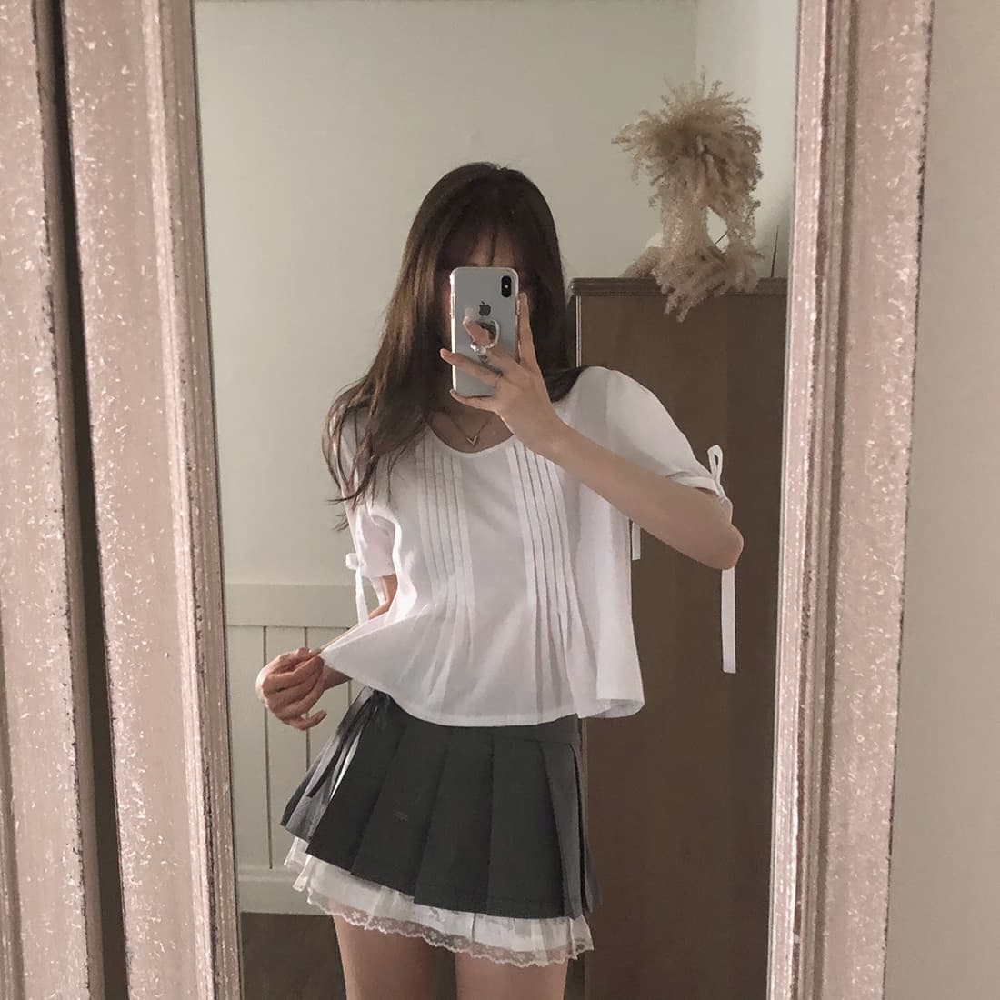 있음 선적 사이즈 업데이트 한국 chic 여름 새로운 프랑스식 커프스 레이스업 품격 주름 미니멀리즘 반팔 셔츠 상세 이미지 26