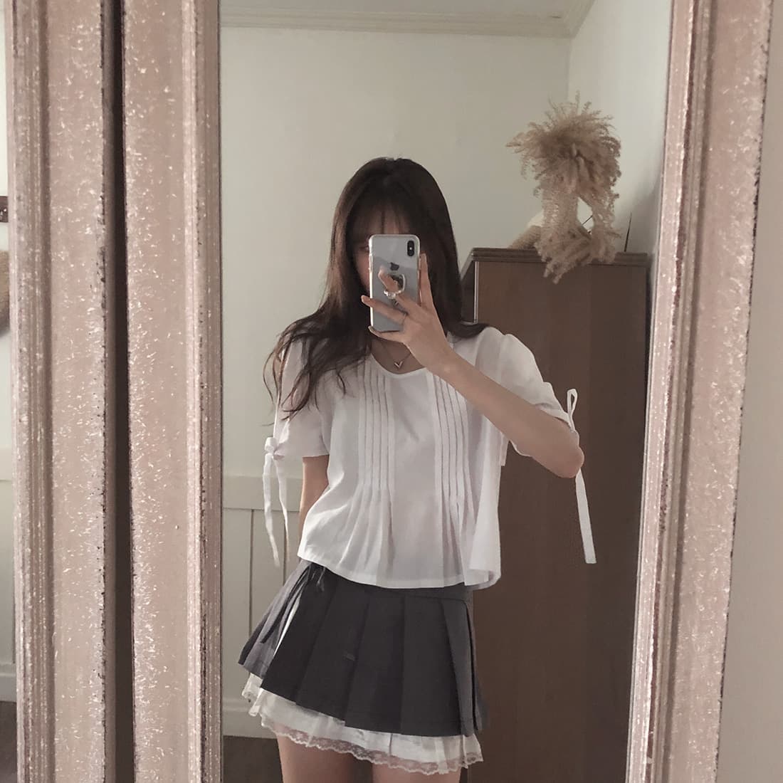 있음 선적 사이즈 업데이트 한국 chic 여름 새로운 프랑스식 커프스 레이스업 품격 주름 미니멀리즘 반팔 셔츠 상세 이미지 27