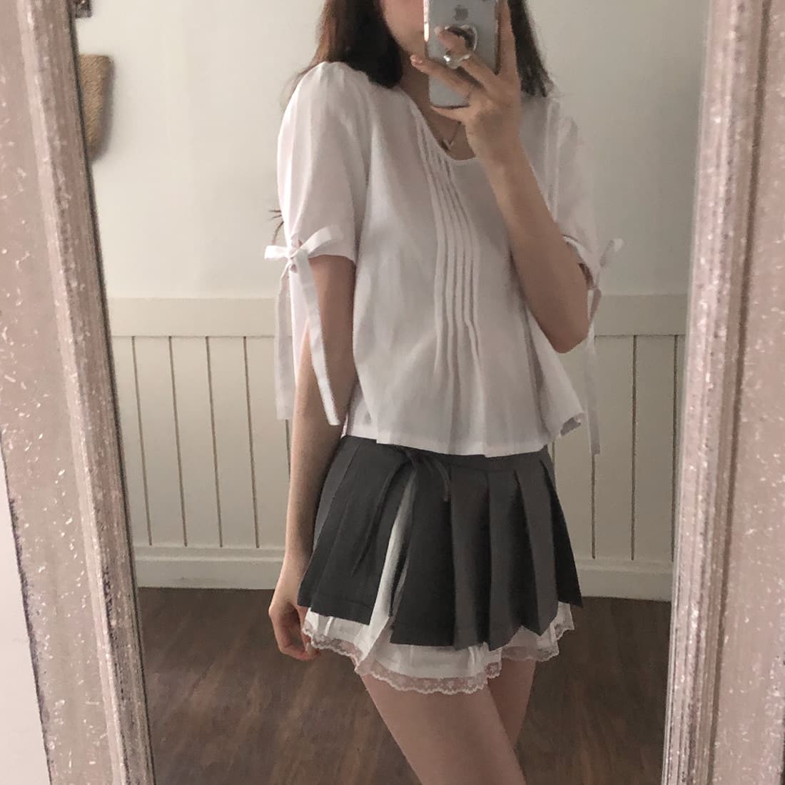 있음 선적 사이즈 업데이트 한국 chic 여름 새로운 프랑스식 커프스 레이스업 품격 주름 미니멀리즘 반팔 셔츠 상세 이미지 28