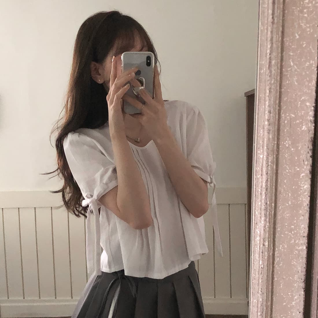 있음 선적 사이즈 업데이트 한국 chic 여름 새로운 프랑스식 커프스 레이스업 품격 주름 미니멀리즘 반팔 셔츠 상세 이미지 29