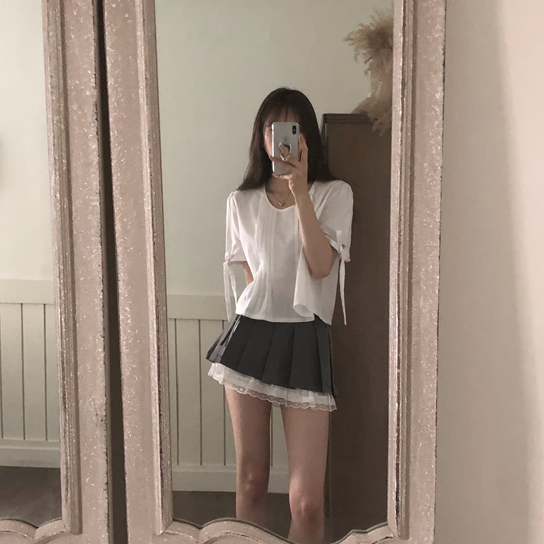 있음 선적 사이즈 업데이트 한국 chic 여름 새로운 프랑스식 커프스 레이스업 품격 주름 미니멀리즘 반팔 셔츠 상세 이미지 30